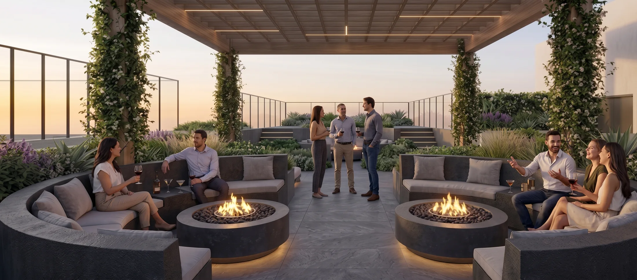 Fire pit y salas lounge en la terraza.