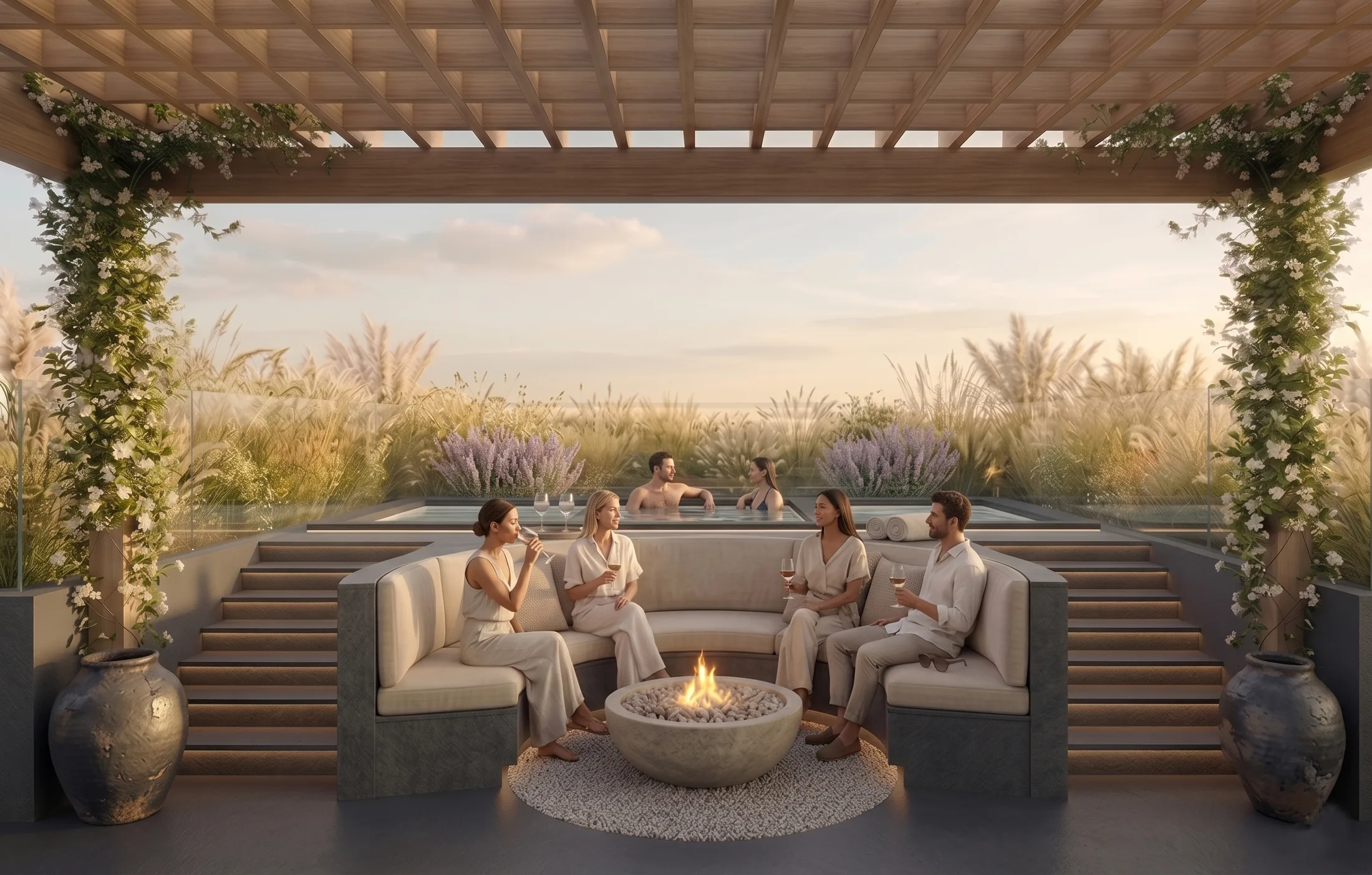 Jacuzzi con fire pit en la terraza.