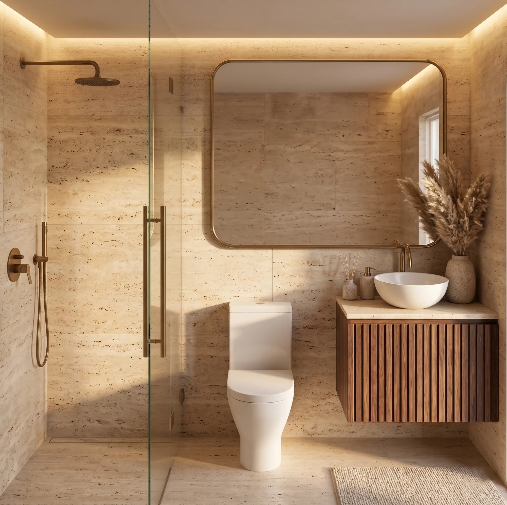 Baño de un departamento Villaggio con acabado tipo hotel, vanidad de madera y regadera amplia.
