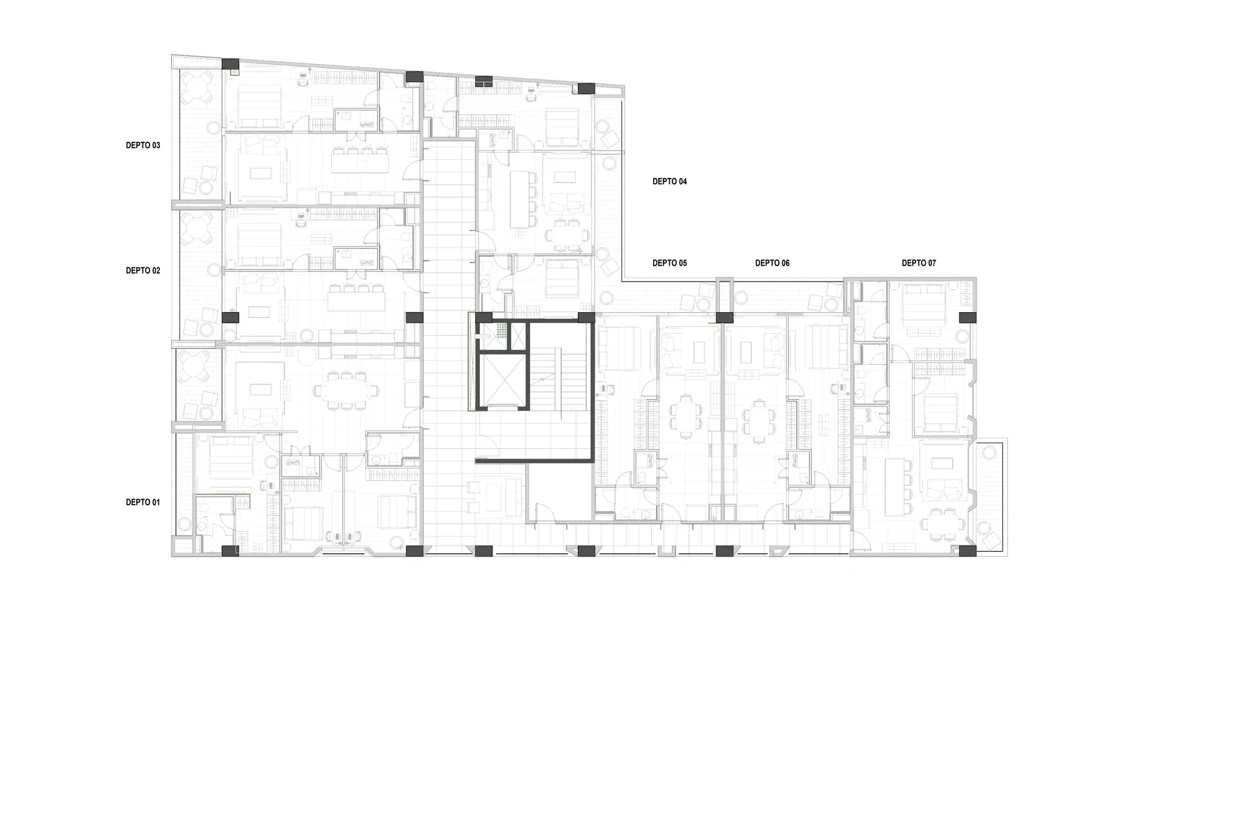 Planta tipo de Villaggio II: siete departamentos (Depto 01 a Depto 07) sobre la planta comercial, con terrazas.
