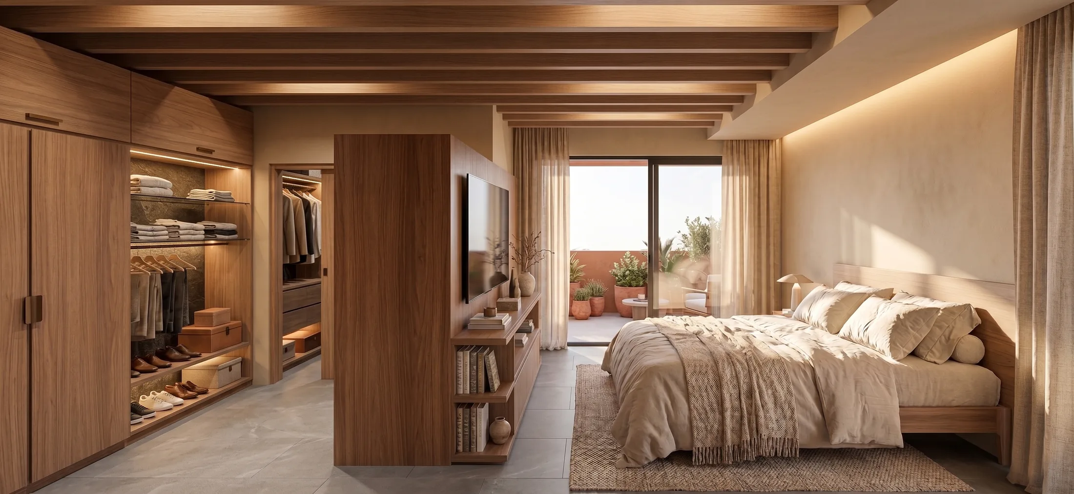 Recámara principal de un departamento Villaggio II, con tonos cálidos y ventanal hacia la terraza.